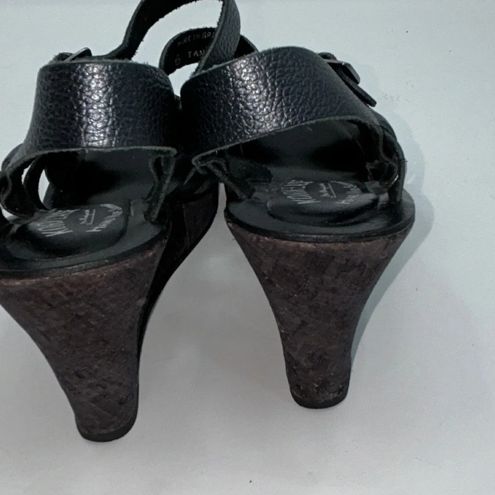 Kork-Ease Black Leather Wedge Sandals Size 6 Adjustable Ankle Strap made Brazil